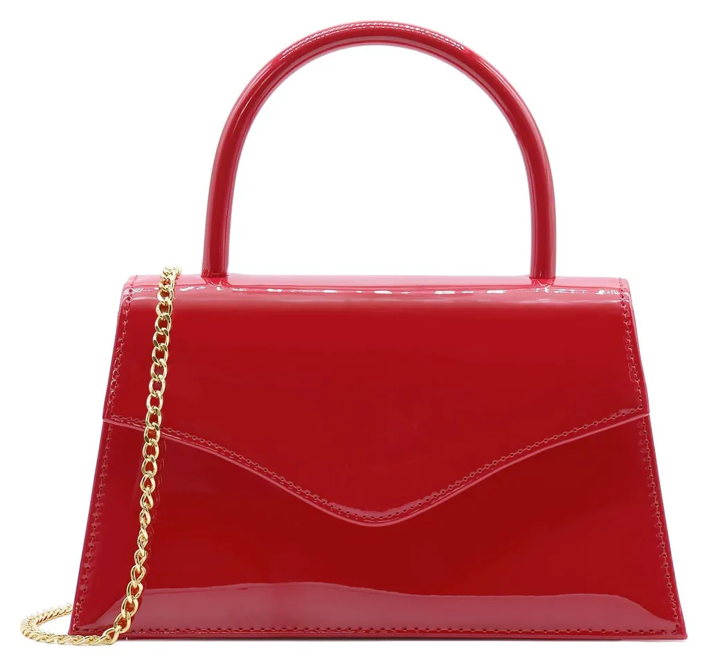 Pochette de Soirée Rouge en Simili Cuir Verni avec Bandoulière Chaîne