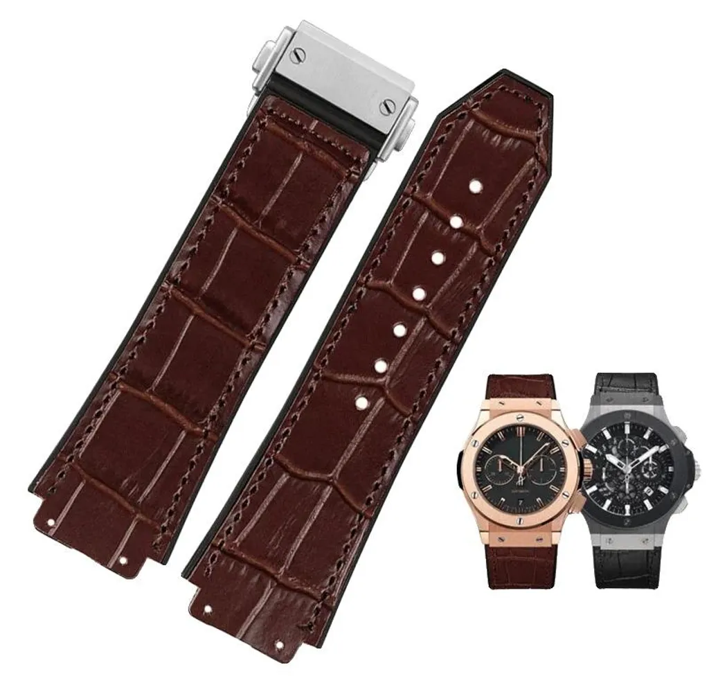 Bracelet de montre de rechange en cuir marron slub et boucle argentée