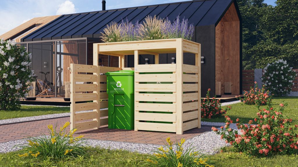 Karibu Mülltonnenbox mit Hochbeet Natur Pflanzkasten aus Holz BxHxT ca.158x143x88 cm Blumenkasten Schutzkasten