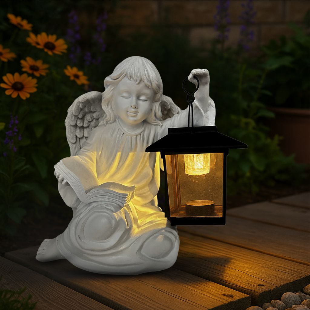 abc HOME | Dekofigur Engel mit Laterne | LED | Solarpanel | Lichtsensor