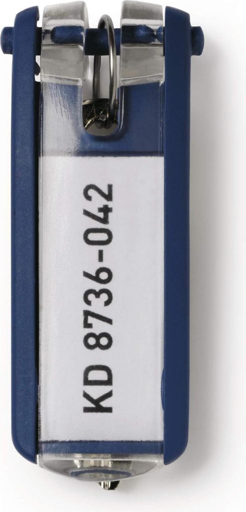 A close-up product shot of a blue key tag with a white label showing text.
