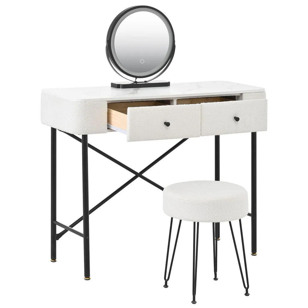 Coiffeuse avec Miroir LED Tactile, 2 Tiroirs et Finition Marbre Blanc - 11