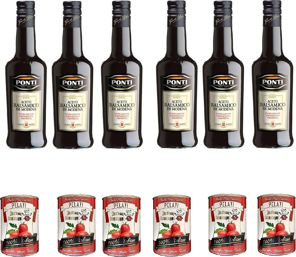 6x Ponti Aceto balsamico di Modena IGP Essig Würzsaucen 500ml Aci. 6% + Italian Gourmet 100% italienische geschälte Tomaten dosen 6x 400g