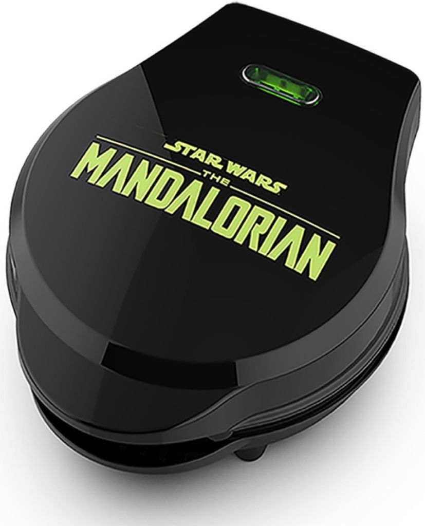A black waffle maker with "Star Wars The Mandalorian" branding.