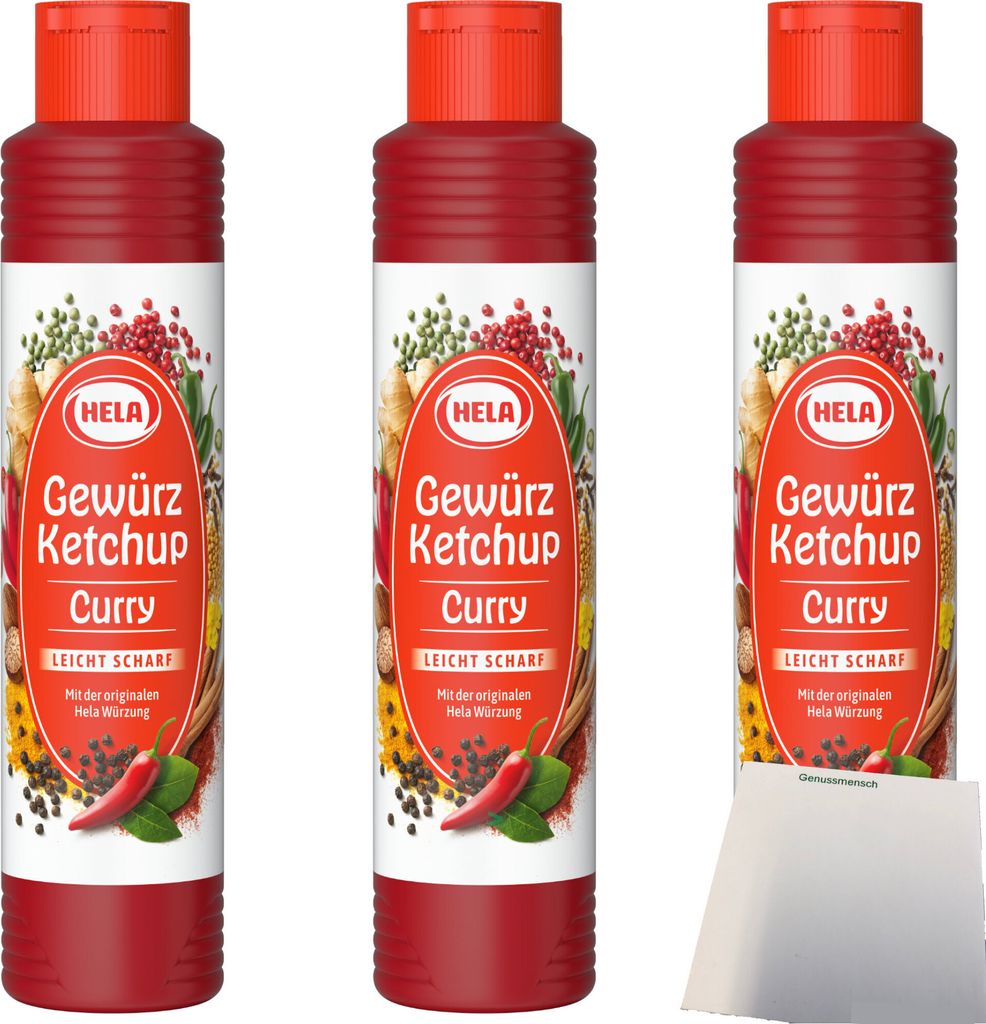 Hela Curry Gewürz Ketchup leicht scharf 3er Pack (3x800ml Flasche) + usy Block