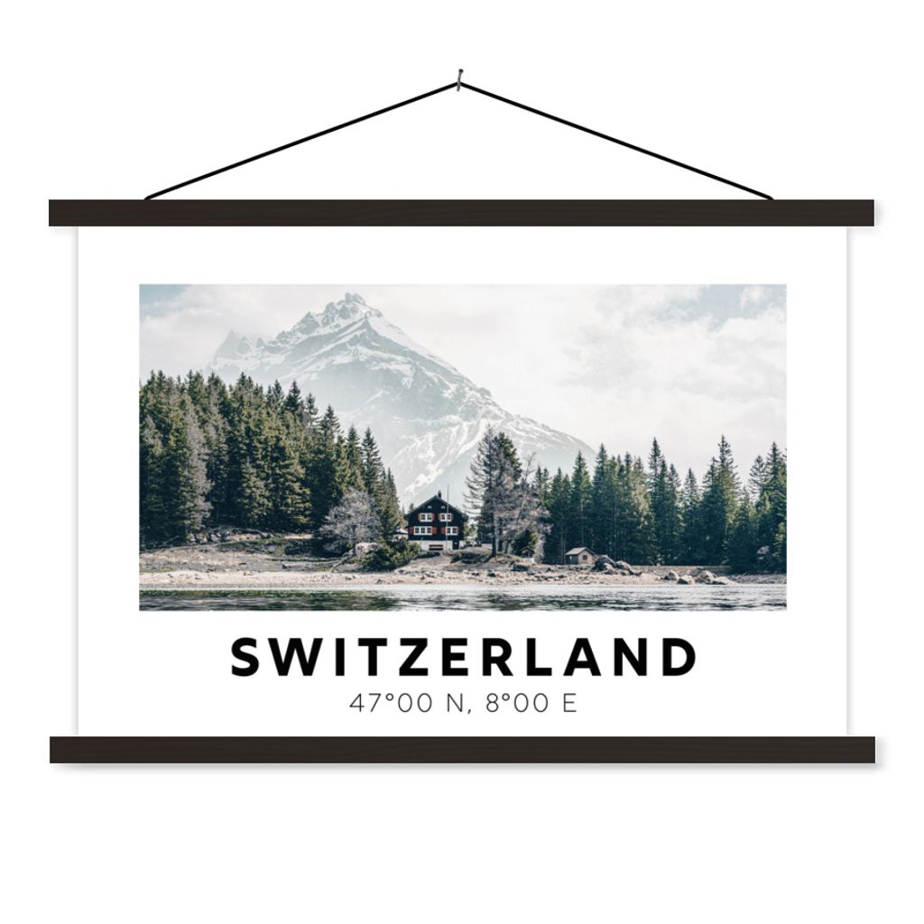 MuchoWow Textilposter Schweiz - Berg - Chalet - Grün 90x60 cm mit schwarzem Rahmen - Aufhängungssatz