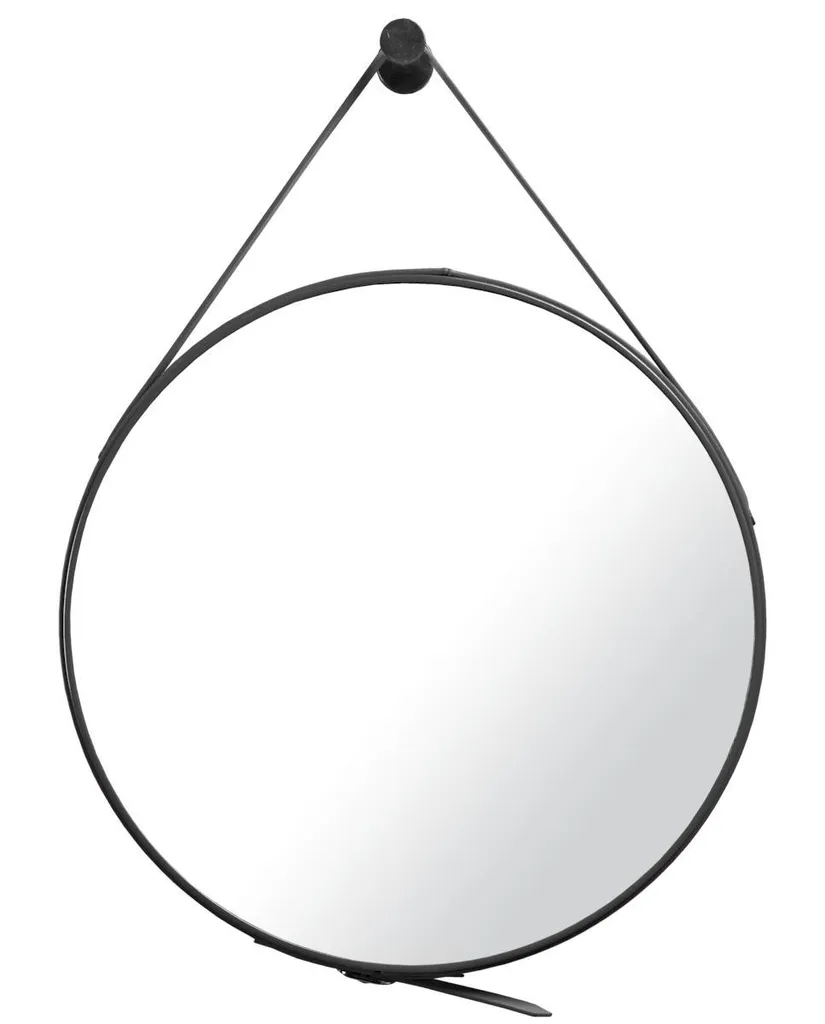 Miroir Rond Ø 50 cm NATUREL avec Sangle Cuir Noir Réglable pour Déco