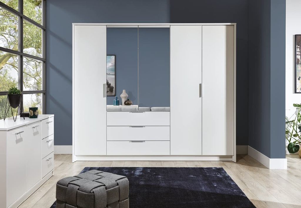 Kleiderschrank Togo mit Spiegel 255 cm, Garderobeschrank Schlafzimmer; Wohnzimmerschrank; Korpus Schrank Farbe: Weiss; Farbe der Schrankfront: Weiss