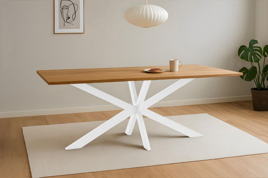 Esstisch 260x100 cm Baumkante Eichenholz massiv geölt Spider-Gestell weiß SALVADOR