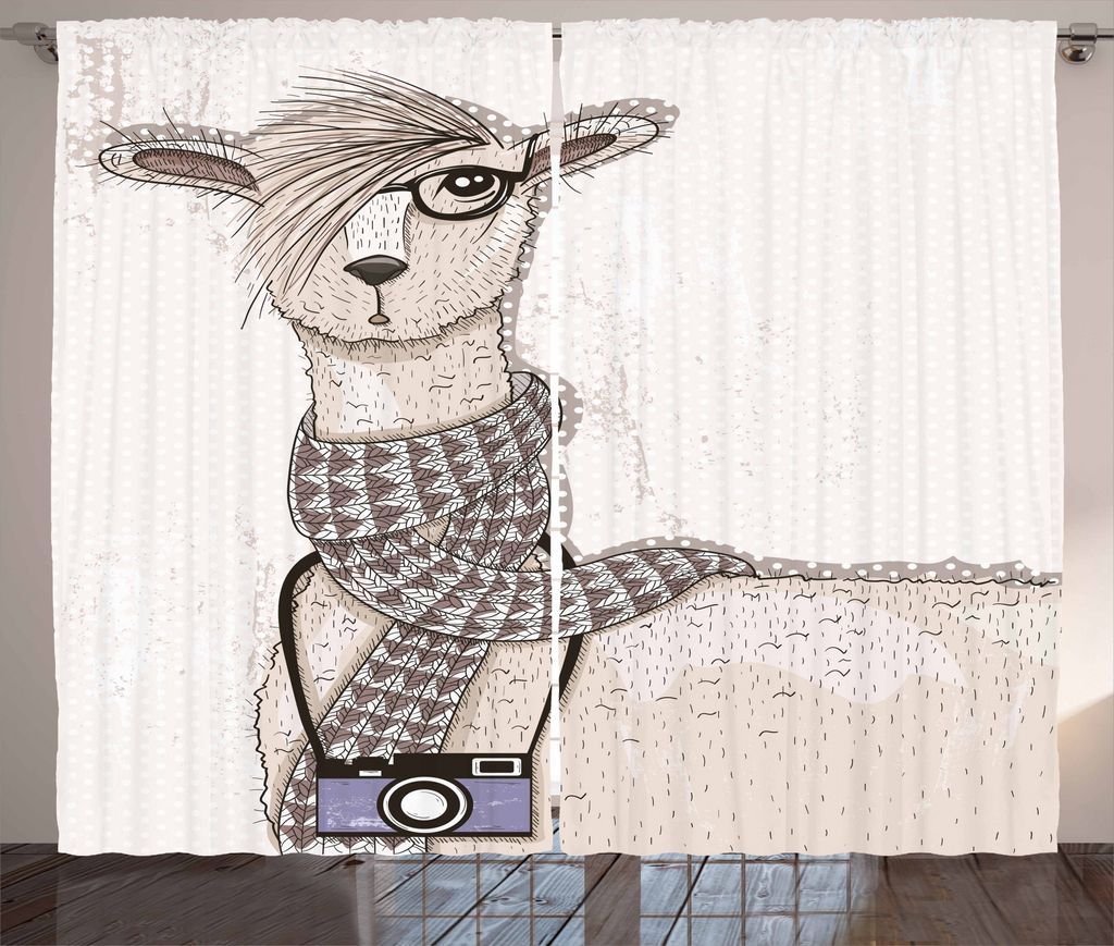 ABAKUHAUS Teen Zimmer Rustikaler Gardine, Hipster Lama Kamera, Schlafzimmer Kräuselband Vorhang mit Schlaufen und Haken, 280 x 175 cm, Beige Tan