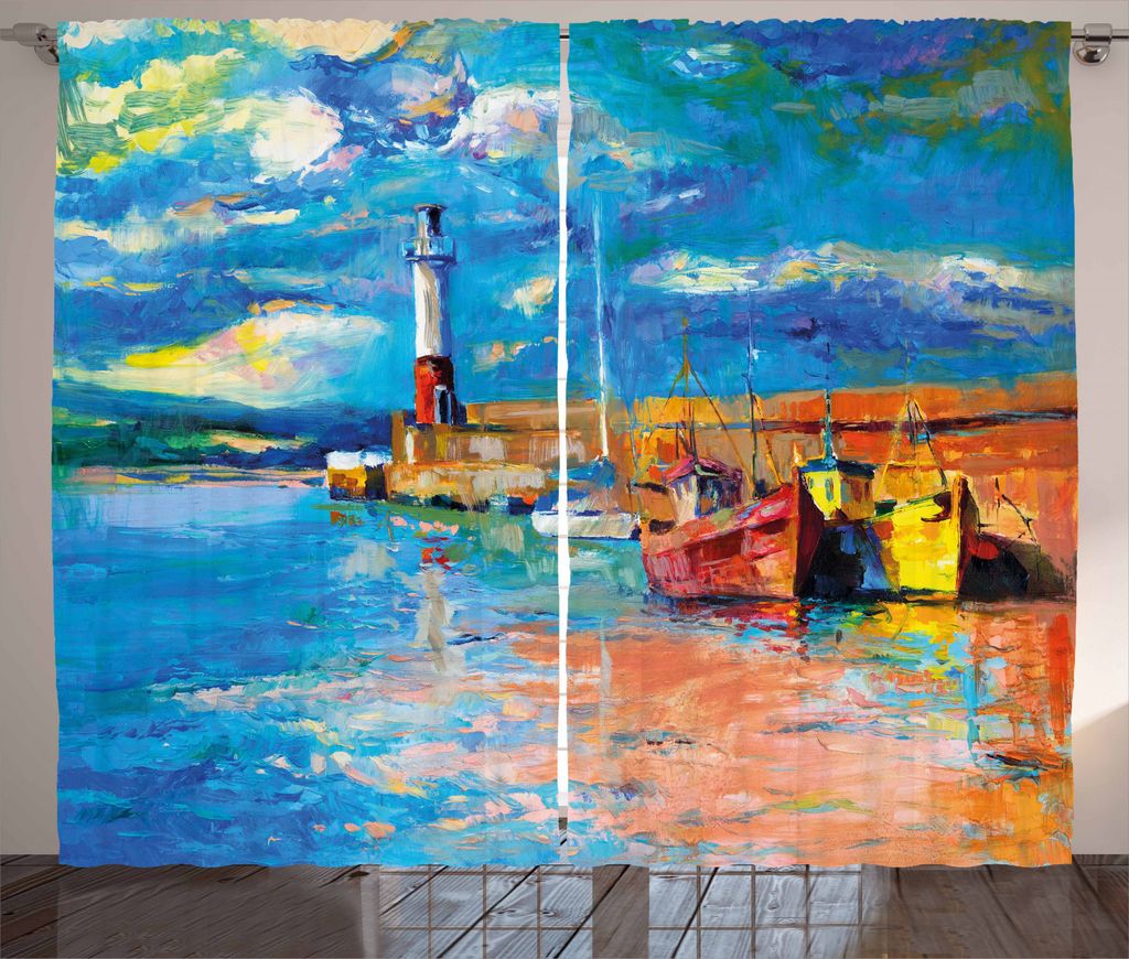 ABAKUHAUS Kunst Rustikaler Gardine, Öl Leuchtturm Malerei, Schlafzimmer Kräuselband Vorhang mit Schlaufen und Haken, 280 x 245 cm, Mehrfarbig