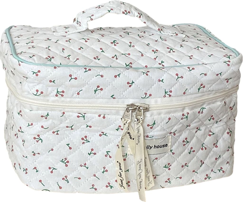 Kosmetiktasche, klein, mit zerdrückten Blumen bedruckt, großes Fassungsvermögen, mit robustem Griff, gesteppte Kosmetiktasche aus Baumwolle