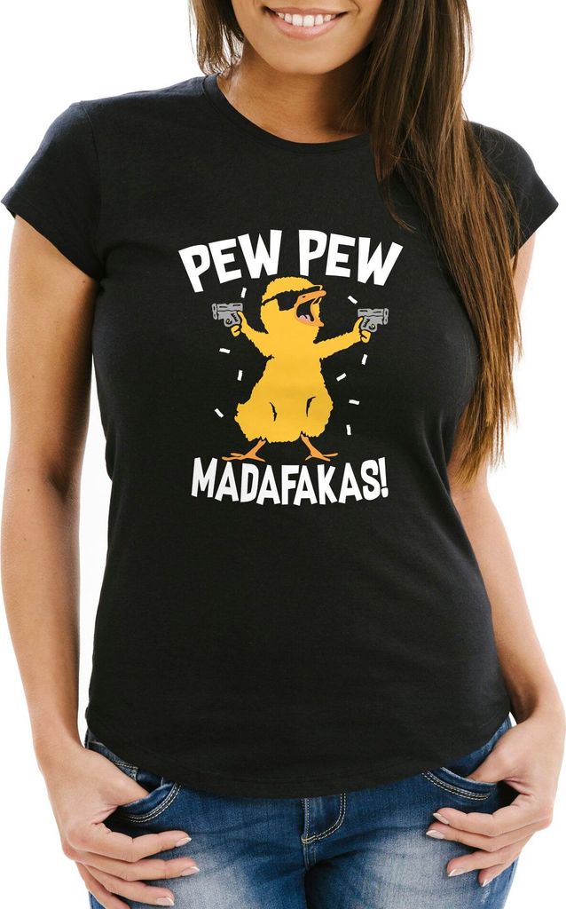 Damen T-Shirt Pew Pew Madafakas Crazy Chick Küken Meme Spruch Trend Slim Fit Moonworks schwarz M