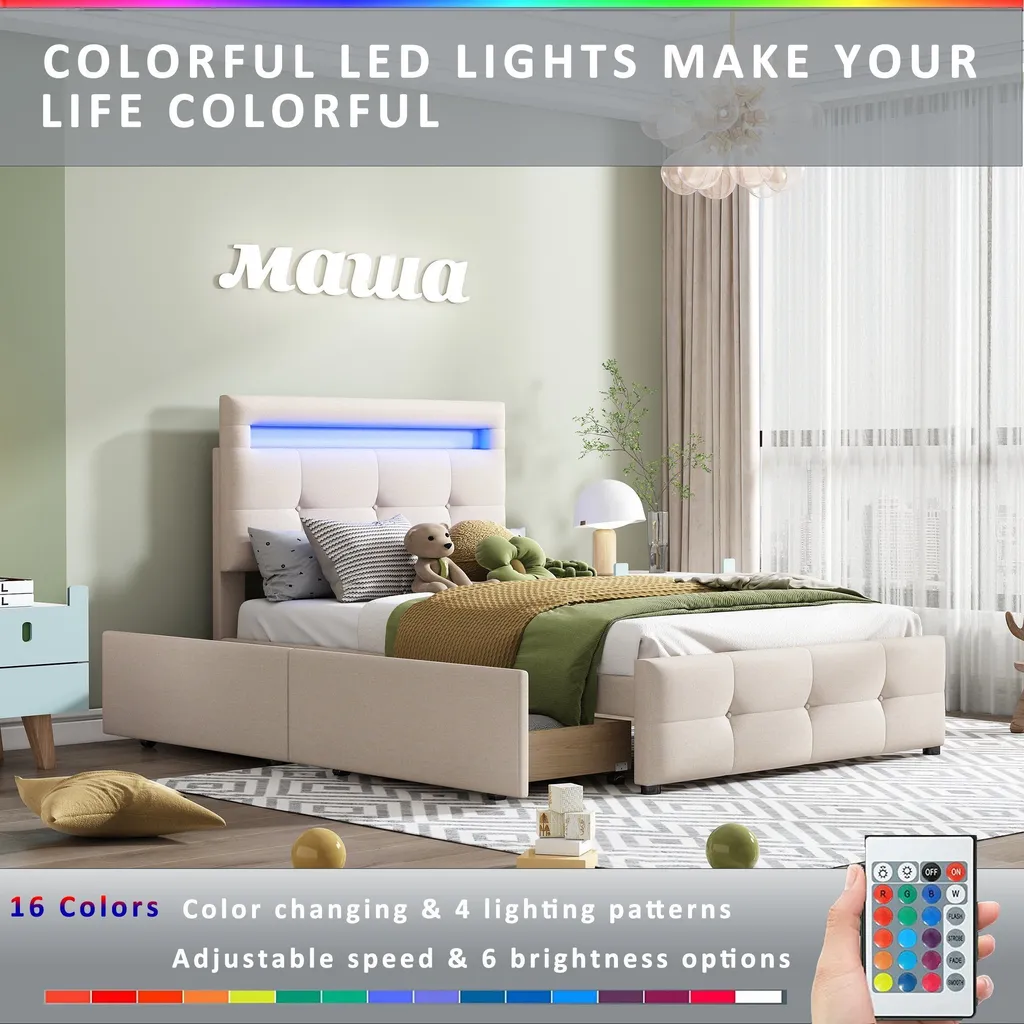 Lit rembourré 90x200cm avec LED idéal pour optimiser les petits espaces