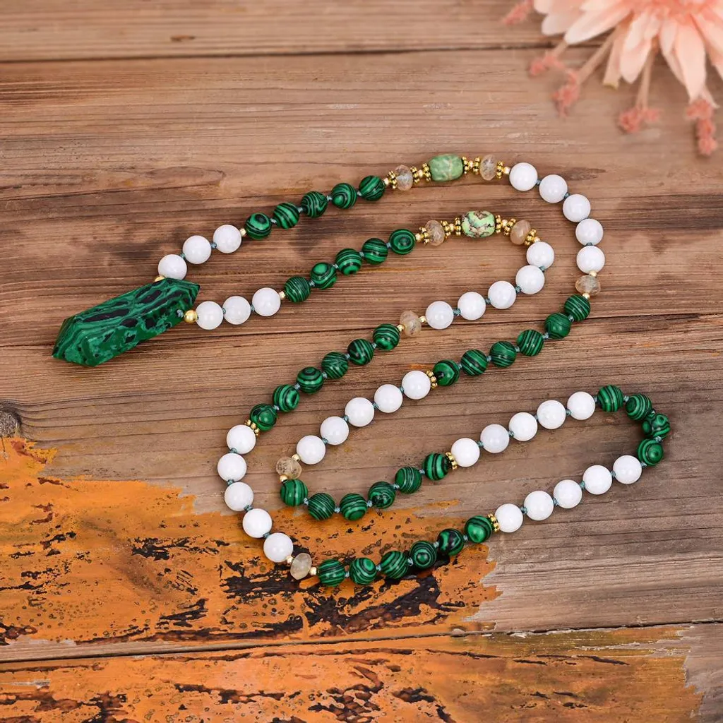 Collana Pietre Dure 85cm Flor de Cristal: Malachite e Diaspro Veri