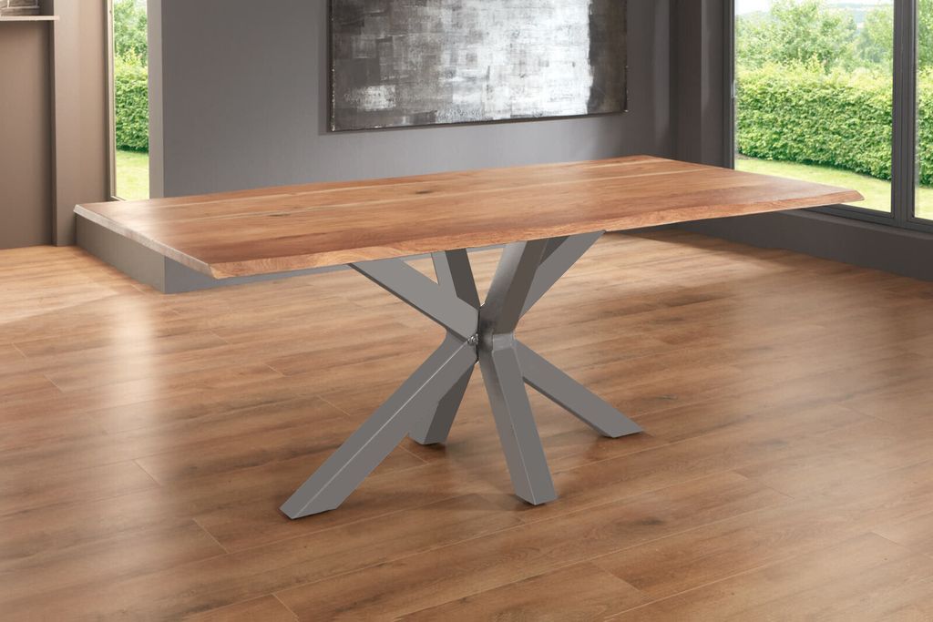 Esstisch Baumkante massiv Akazie natur 240 x 100 Spider-Gestell silber SPYRO