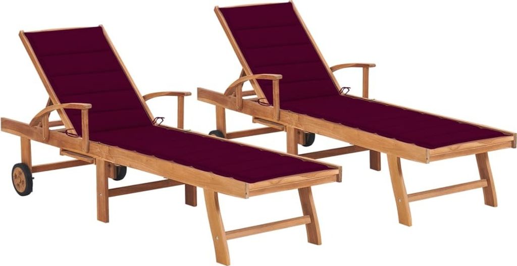 Sonnenliegen 2 Stk. mit Auflagen Weinrot Massivholz Teak