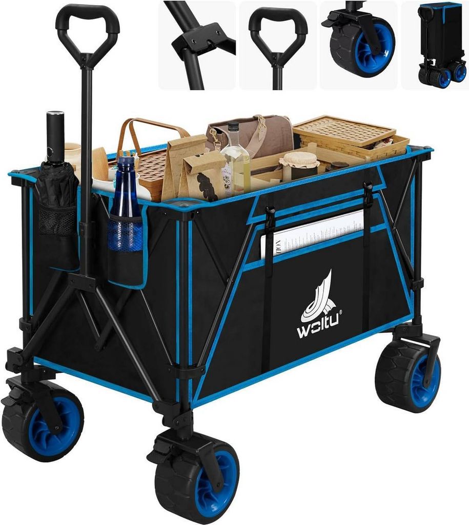 A black and blue foldable wagon filled with various items, including bags, bottles, and a picnic basket, shown from a slightly diagonal front view.
