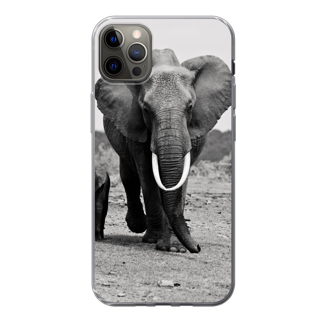 MuchoWow Handyhülle Schutzhülle Hülle für iPhone 13 Pro Max Elefant - Kind - Schwarz - Weiß Silikon Softcase Handy Hülle - Mobiltelefon