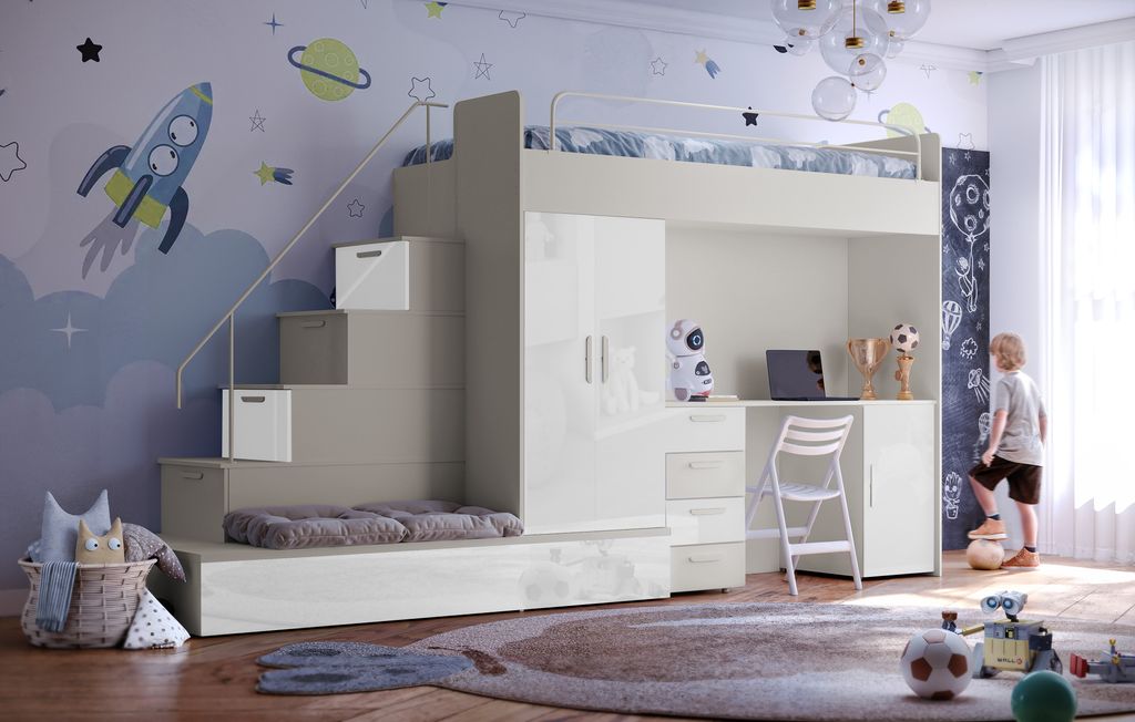 Etagenbett FELIX 5, Hochglanz Kinderbett, Hochbett, MIT Matratze und Lattenrost (Kaschmire + Weiß, Glanz)