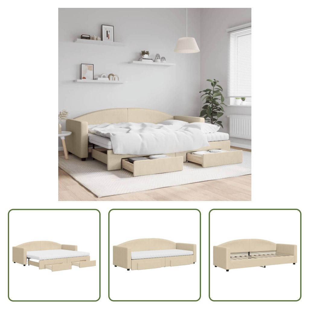The Living Store Tagesbett Ausziehbar mit Schubladen Creme 80x200 cm Stoff