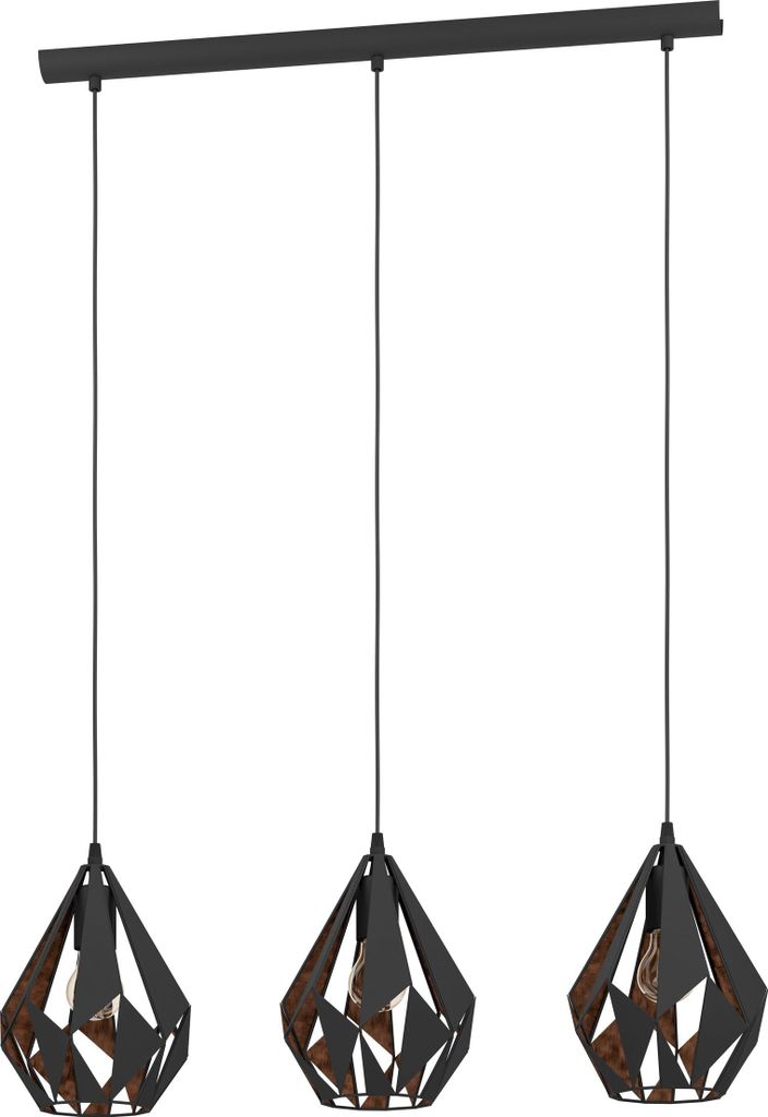 EGLO Pendellampe Carlton 1, 3 flammige Vintage Pendelleuchte, Retro Hängelampe aus Metall in Schwarz und Kupfer, E27 Fassung