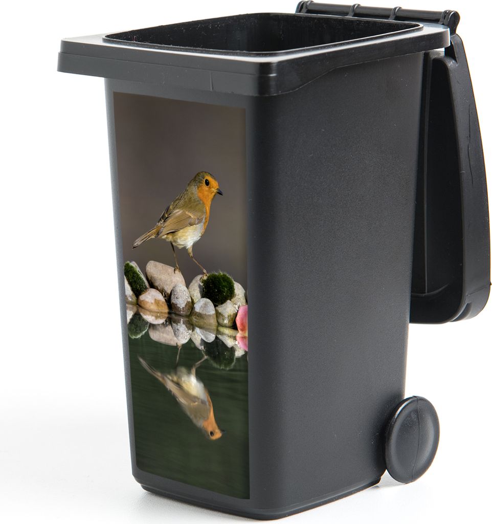 MuchoWow Mülltonnenaufkleber Steine - Rotkehlchen - Wasser 38x80 cm - Behälteraufkleber - Mülleimer-Aufkleber - Container-Aufkleber