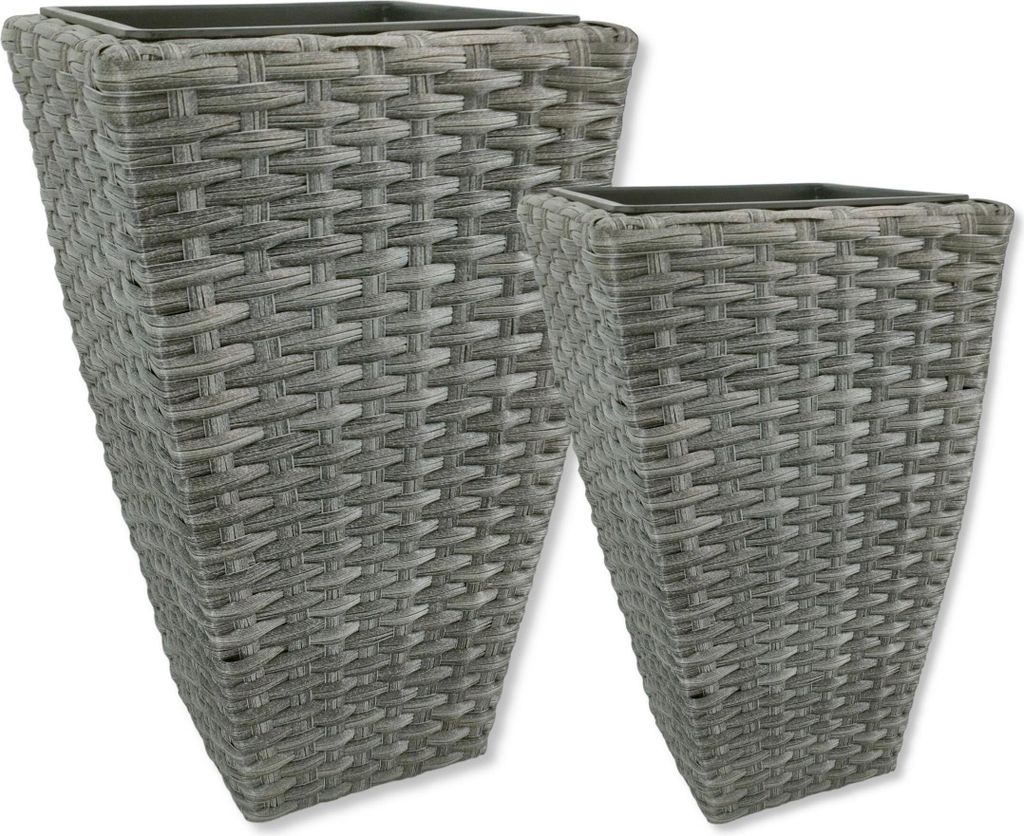 Poly-Rattan Blumentopf anthrazit 2er Set - 51 und 60cm eckig hoch mit Einsatz schwarz Blumenkübel Übertopf Pflanz-Töpfe