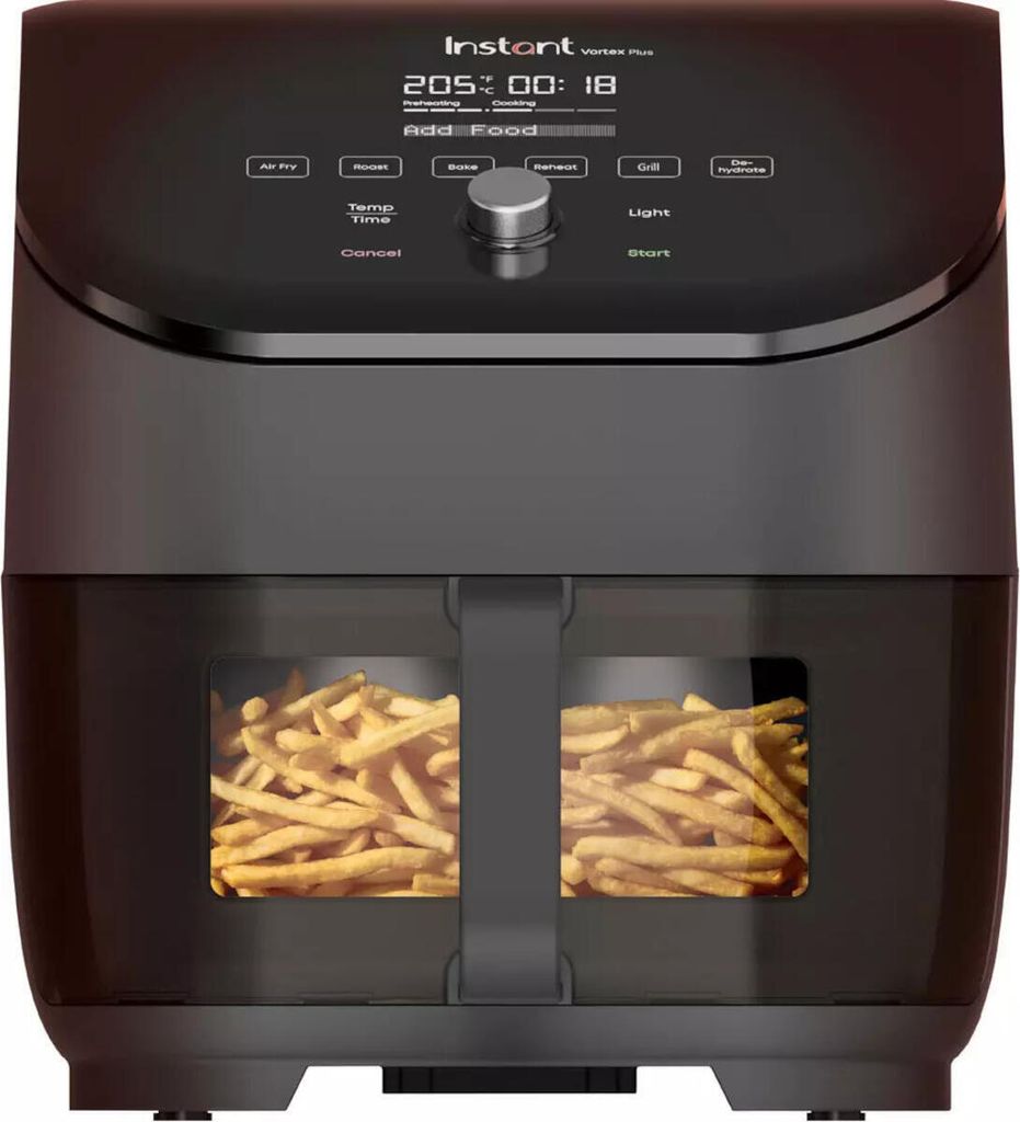 A black Instant Pot Vortex Plus Airfryer with french fries in its dual baskets.