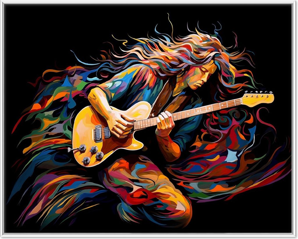 Wallario Wandbild Farbiges Gitarrenspiel, Größe: 40,30 x 50,30 cm, Poster mit weißem Aluminiumrahmen
