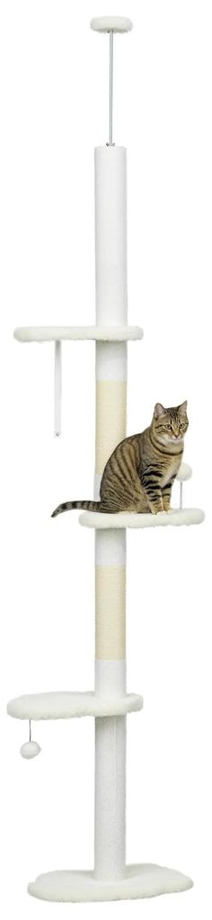 Katzen Kratzbaum - Deckenhoch 225–255 cm - 4 Ebenen - Holz mit Plüsch - Spielbälle - Weiß