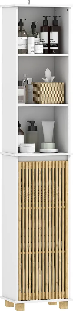 Colonne Salle de Bain Blanche avec Porte à Lattes Bambou Modèle BCT45W