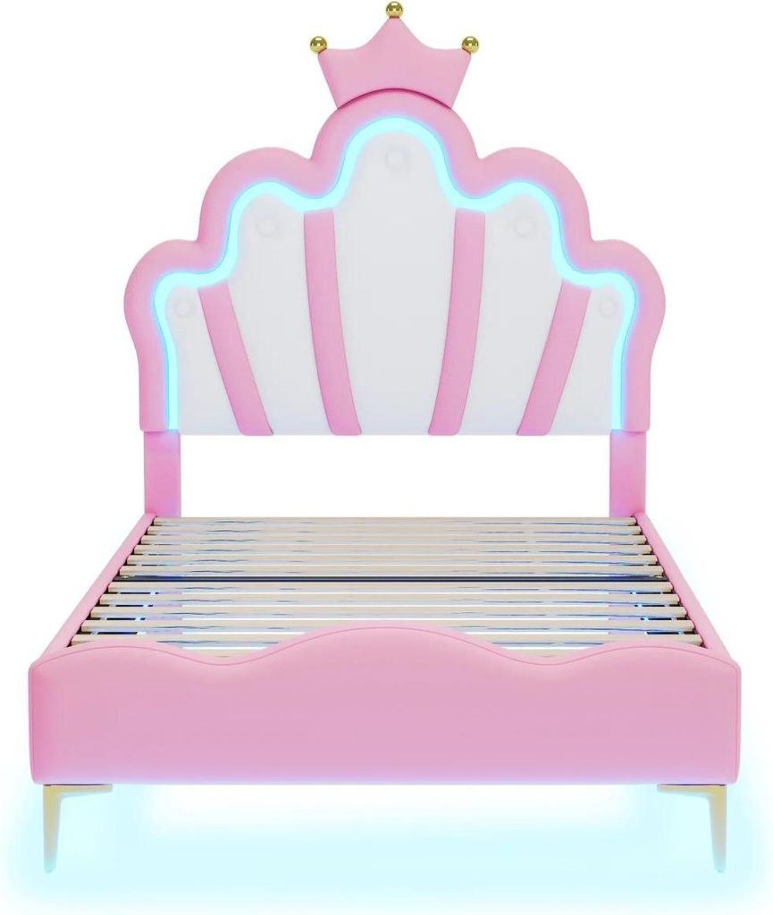 Prinzessinnenbett 90x200 cm - Bettgestell - Kronenförmiges Kopfteil - Verstellbares LED-Ambientelicht - Holzrahmen - Stoffpolsterung - Rosa