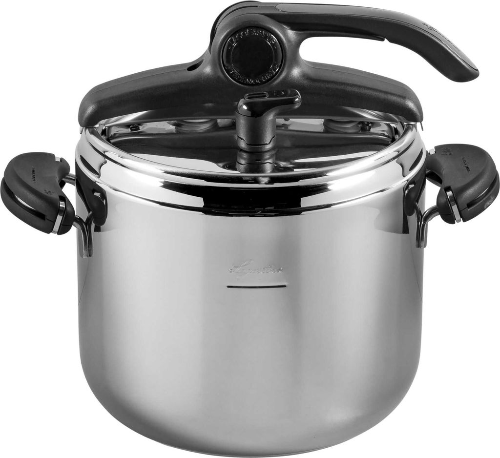A studio shot of a stainless steel pressure cooker with black handles and lid.