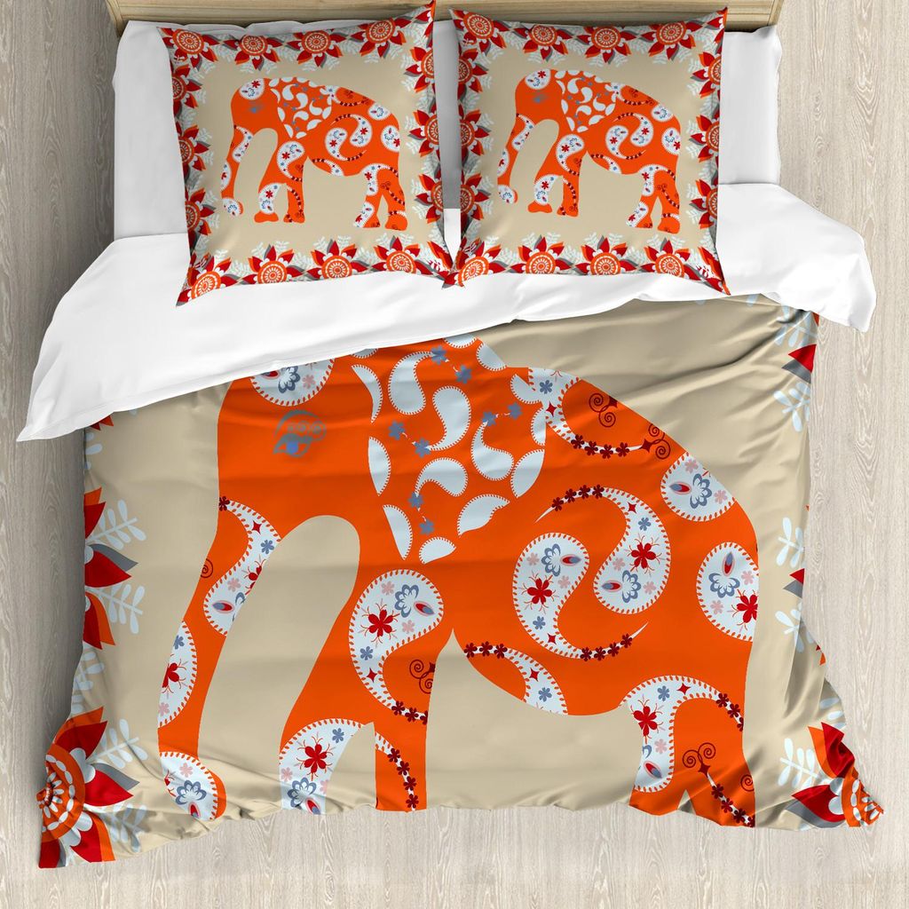 ABAKUHAUS Tier Bettbezug Set, Elefant in Paisley Floral Zeichnung ethnischen östlichen Stil traditionelle Ornament, 155 x 220 cm + 80 x 80 cm, Ora...