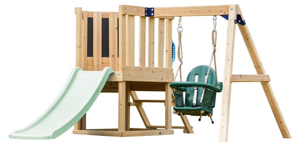 AXI Timo Klettergerüst aus Holz in Braun mit Rutsche in Pastellgrün | Spielturm / Spielplatz für Kinder mit Babyschaukel, Kletterwand und Tafel ...