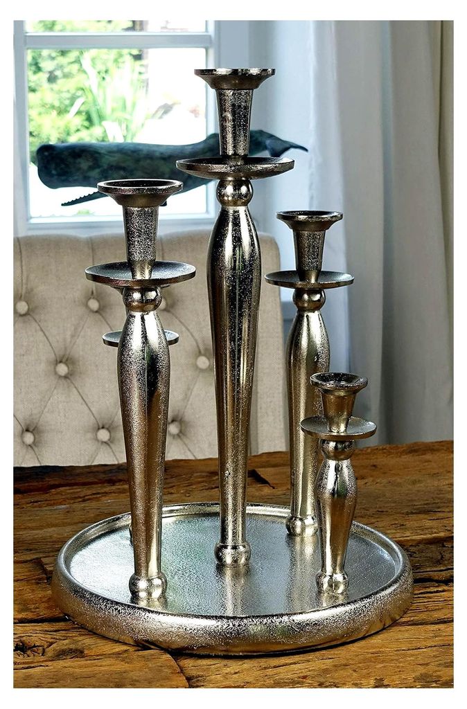 Kerzenständer 5-armig Aluminium Silber Raw - Großer Kerzenleuchter auf Tablett - Moderne Deko für das Wohnzimmer - XL 31x31x44 cm