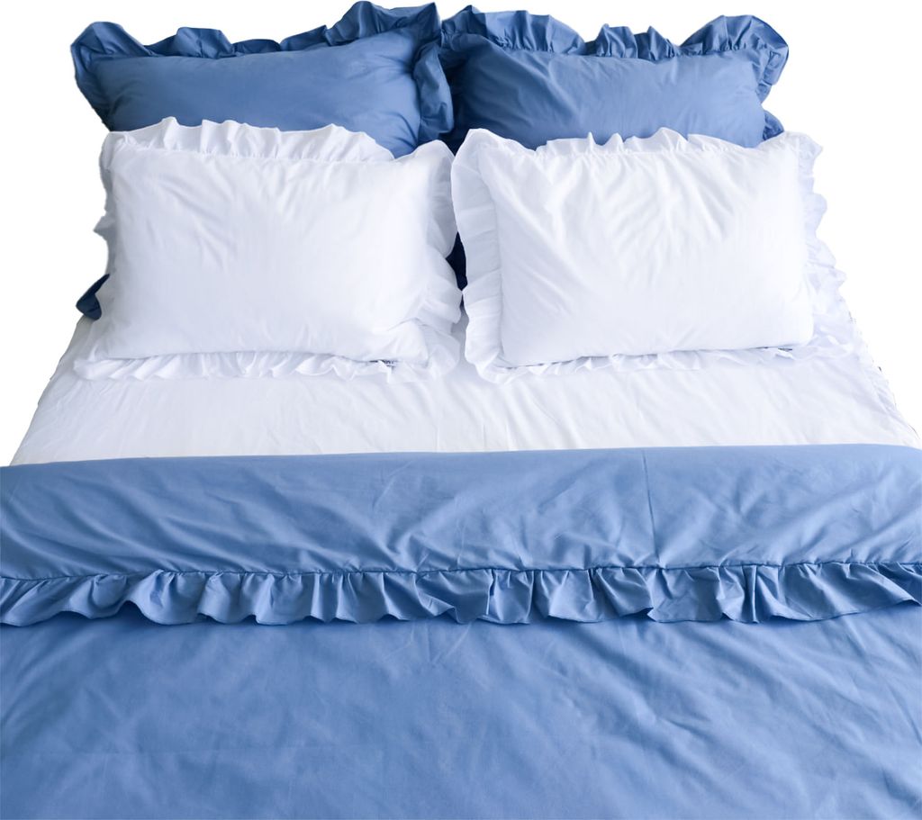 Baumwolle Bettwäsche Mit Rüschen Set Schlafzimmer Bettdeckenbezug 160X200 Cm + 4 Kissenbezüge Denim-Blau Weiß