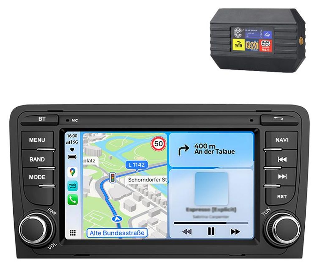 Android Auto Radio für Audi A3 S3 RS3 8P (2003-2012), 7 Zoll Touchscreen Naviceiver mit DAB+ Adapter, 64GB ROM, CarPlay, Bluetooth, GPS