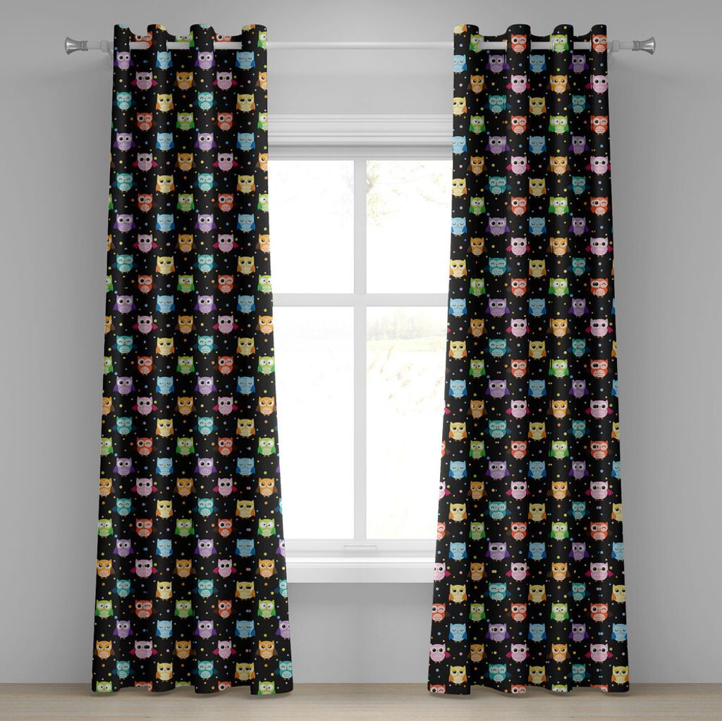ABAKUHAUS Eulen Ösenvorhang, Bunte Vögel mit verschiedenen Ausdrucken Lustige verwirrte ernsthafte Charakter-Punkte, Dekorative 2-Panel-Fenstervo...