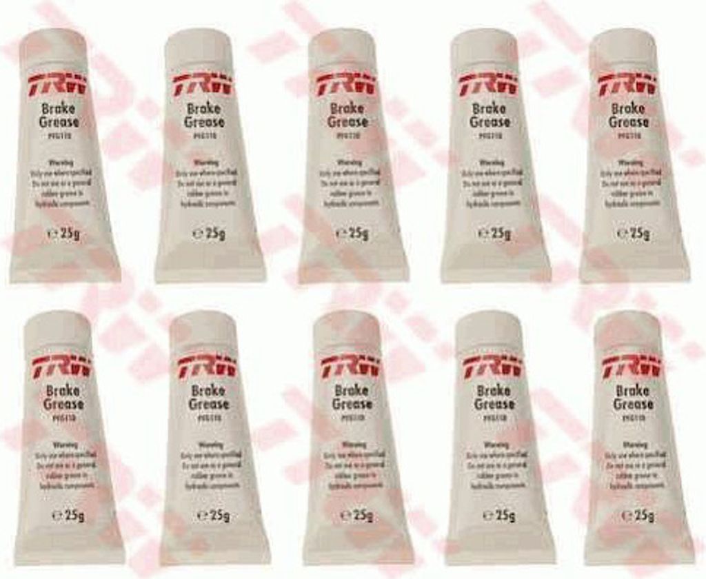 Multiple tubes of brake grease arranged in a grid.