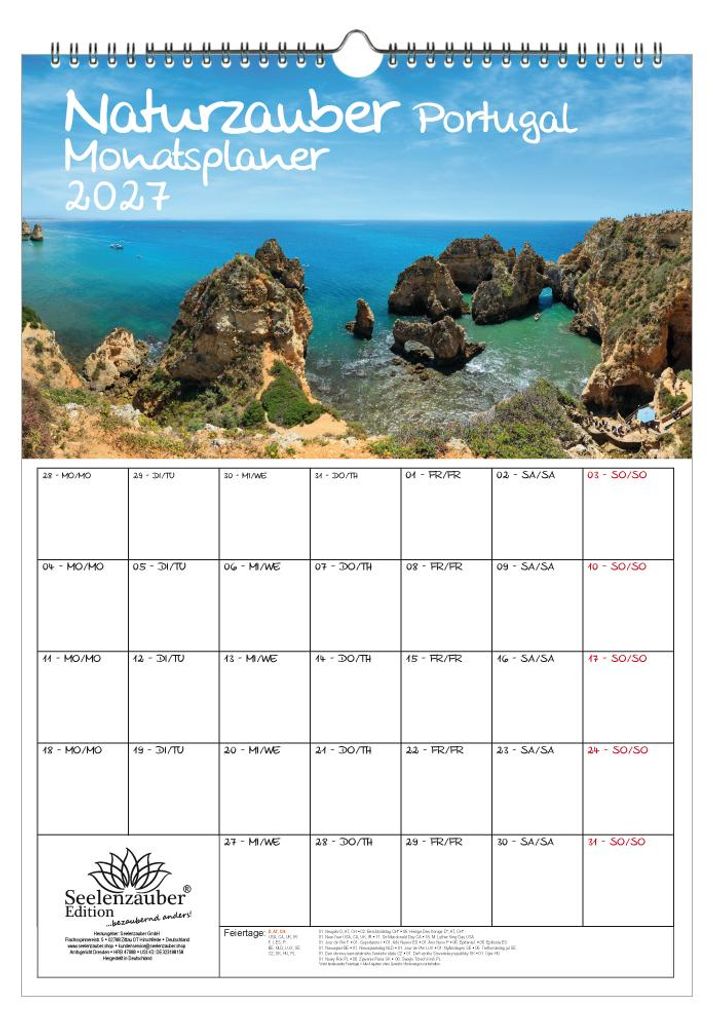 Naturzauber Portugal Planer DIN A3 Kalender für 2027 Landschaft Natur Reise Strand Urlaub - Inhalt: 1x Kalender 1x Weihnachtsanhänger 1x Grußanh...