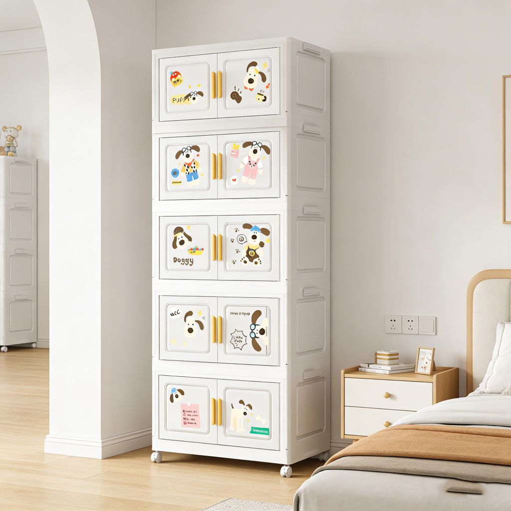 Ordnungsboxen, 5 Schichten Aufbewahrungsboxen stapelbar, Aufbewahrungsbehälter mit Rädern, Faltbare Aufbewahrungsbox, Schrank 50x28x120 cm, Weiß