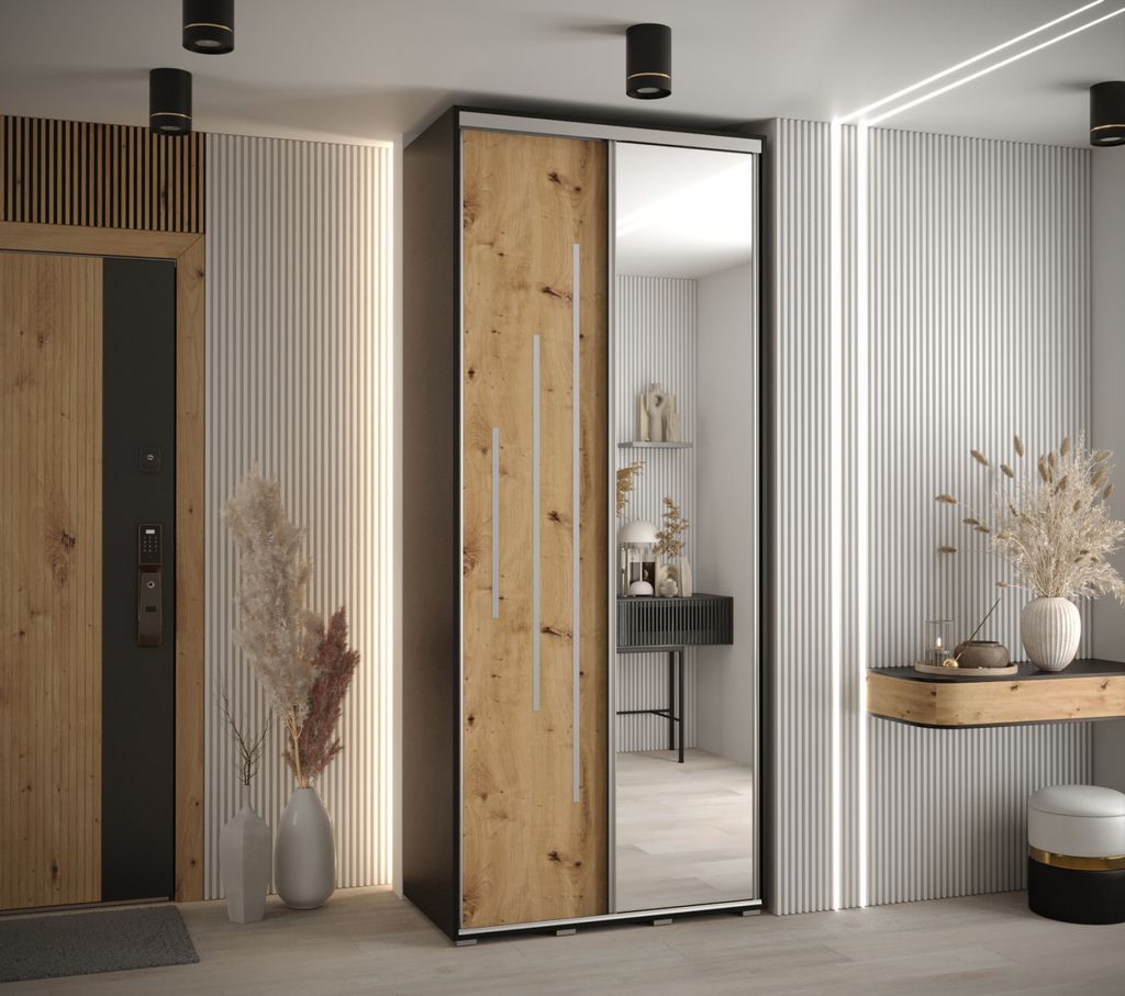 Kleiderschrank YVONA 13 - 120/45 cm, schwarz / Eiche handwerklich / silber