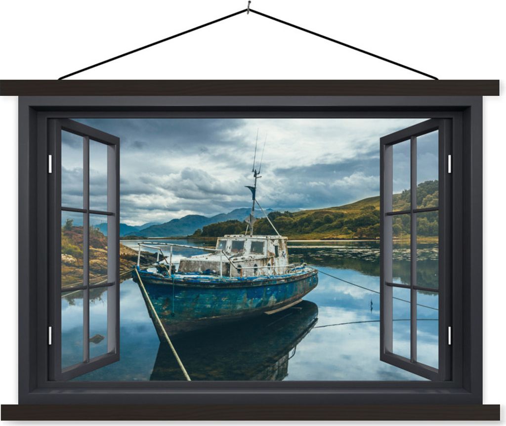 MuchoWow Textilposter Durchblick - Boot - Berg 150x100 cm mit schwarzem Rahmen - Schlafzimmer
