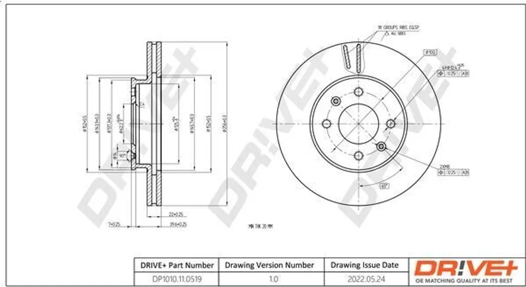 Dr!ve+ DP1010.11.0519 Disque de Frein OE 51712 1G000 pour i20 et Rio II