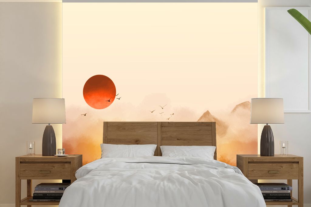 MuchoWow Fototapete für Wohnzimmer oder Schlafzimmer Wandtapete Vinyl Motivtapete Malerei - Sonne - Landschaft - Vögel - 350x350 cm - Schlafzim...
