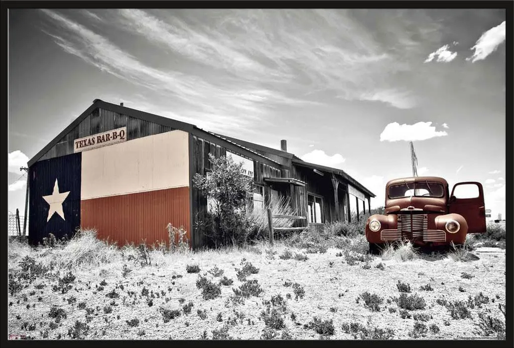 Poster encadré Route 66 Texas Bar BQ avec cadre noir Shinsuke amovible