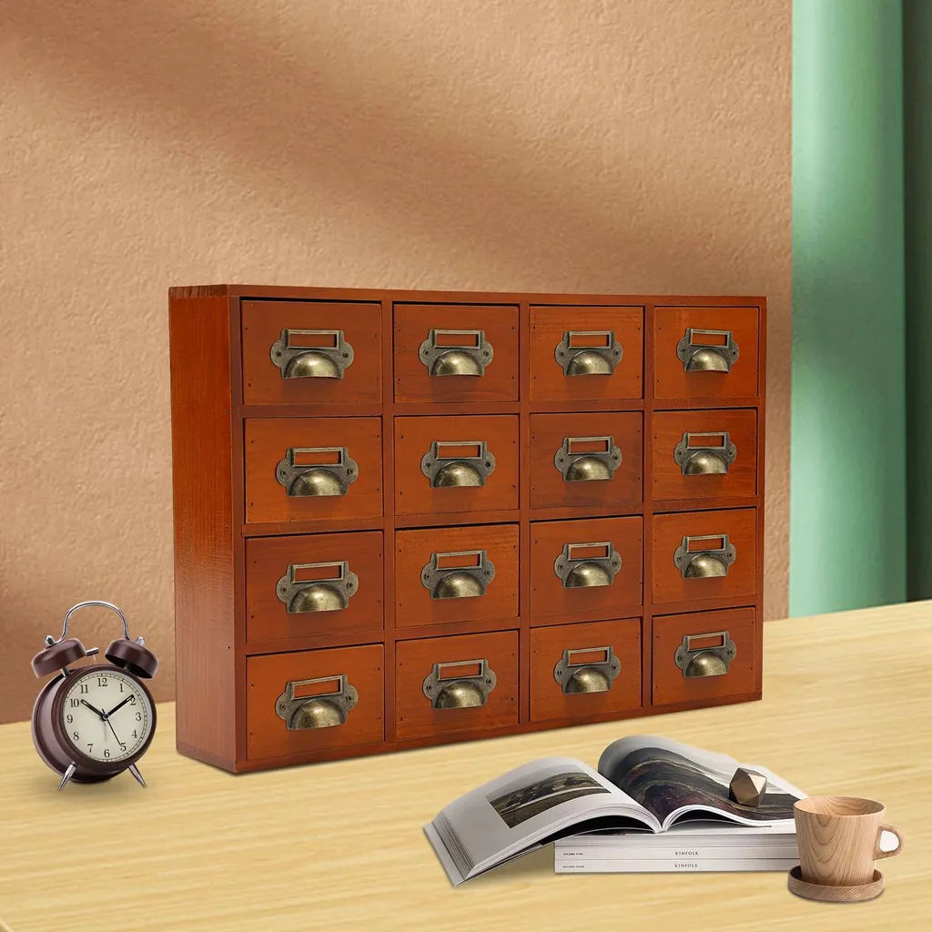 Boîte de rangement épices et médicaments 16 tiroirs en bois brun