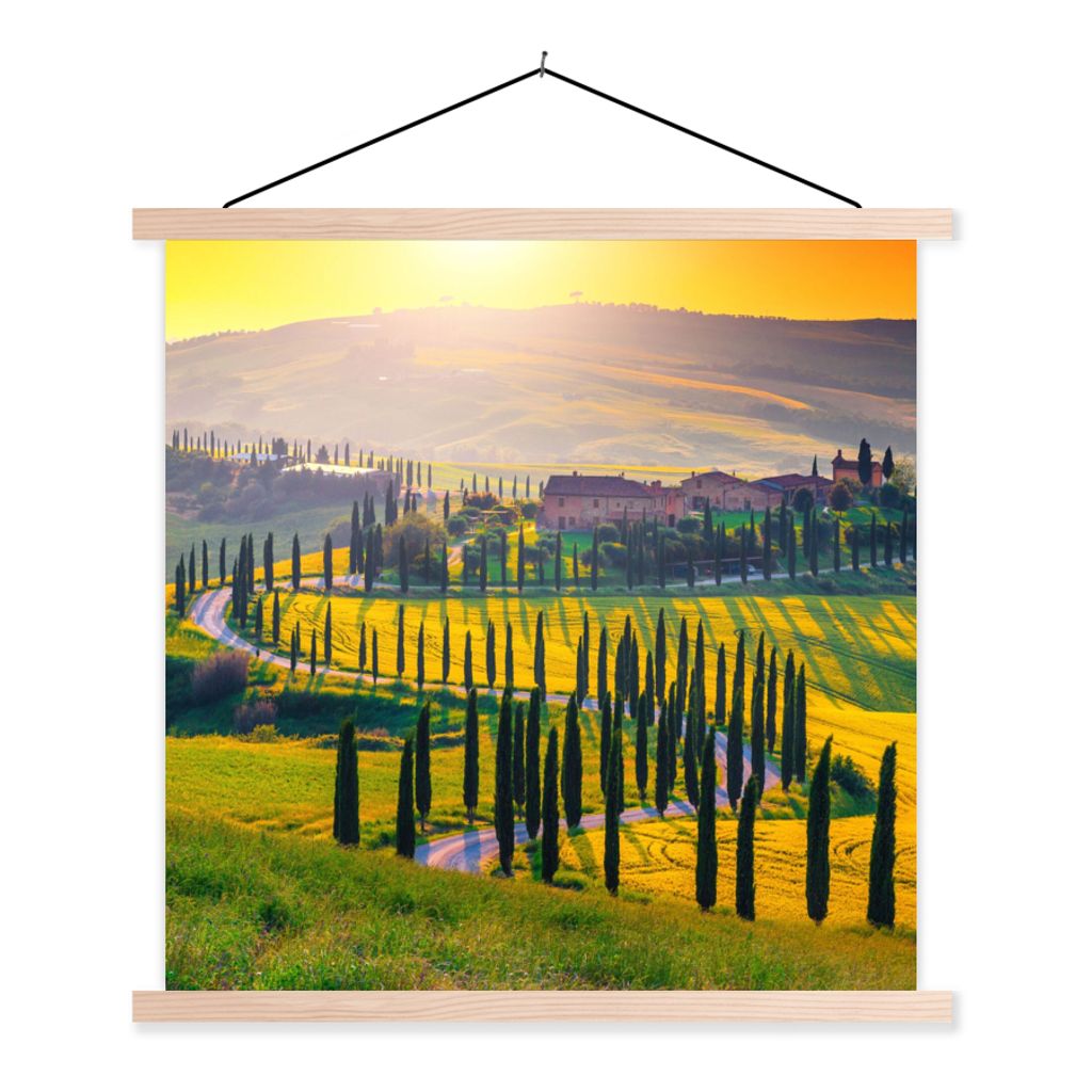 MuchoWow Textilposter Gras - Sonne - Hügel - Landschaft 60x60 cm mit holzfarbenen Rahmen - Wanddekoration